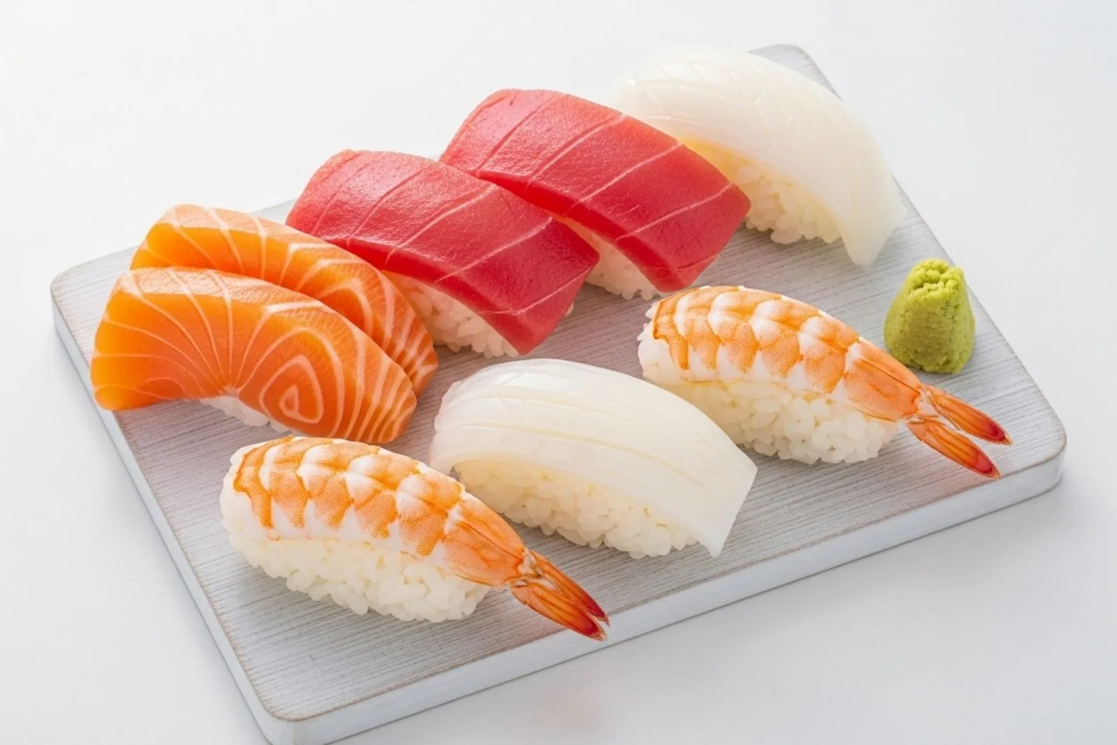 Classic sushi nigiri platter with tuna, salmon and shrimp at Fusan Dumpling House & Sushi, an Asian Fusion Restaurant in New York