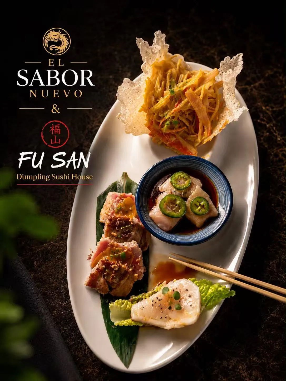 Assorted Asian fusion platter with sushi, sashimi and crab salad at Fusan Dumpling House & Sushi, an Asian Fusion Restaurant in New York